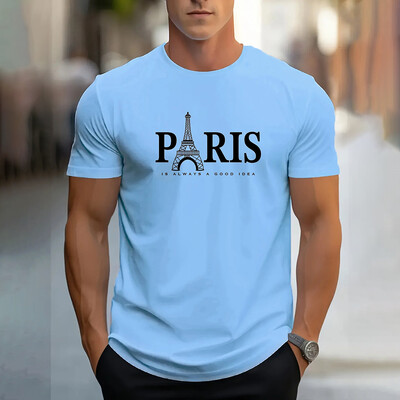 Модна мъжка тениска с щампа на букви Париж Ежедневна едноцветна тениска с къс ръкав Облекло Летни големи размери Свободни тениски с О-образно деколте