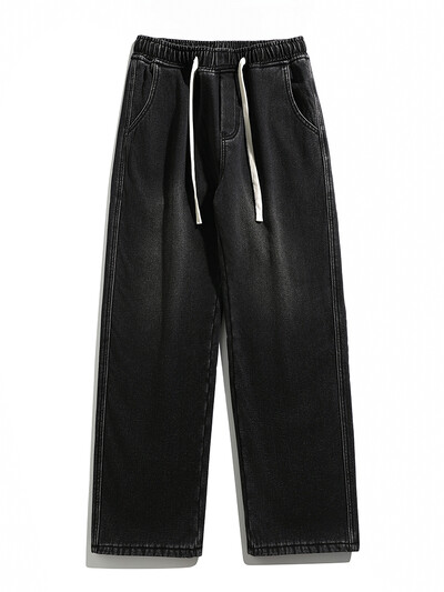 Zimske muške traperice Korejske modne flis podstave Debele tople ravne traper hlače Isprani pamuk Retro plave jeans hlače širokih nogavica