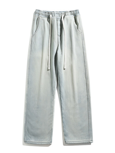 Zimske muške traperice Korejske modne flis podstave Debele tople ravne traper hlače Isprani pamuk Retro plave jeans hlače širokih nogavica