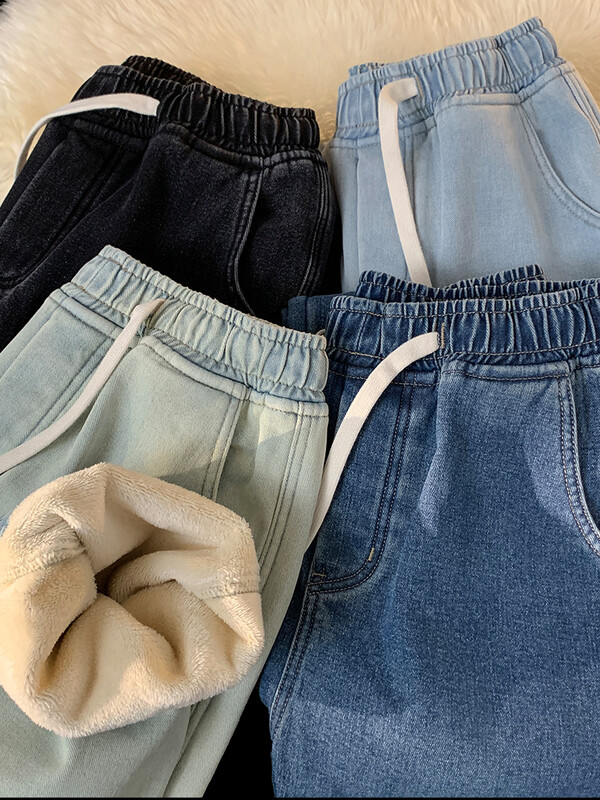 Zimske muške traperice Korejske modne flis podstave Debele tople ravne traper hlače Isprani pamuk Retro plave jeans hlače širokih nogavica