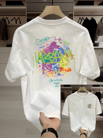 Лятна мода тежка категория Ретро мъжки английски букви Памучни щампи с О-образно деколте Висококачествена ежедневна фитнес тениска Oversize Горнища