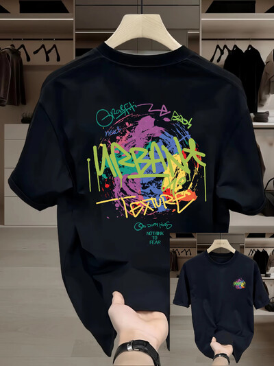 Лятна мода тежка категория Ретро мъжки английски букви Памучни щампи с О-образно деколте Висококачествена ежедневна фитнес тениска Oversize Горнища