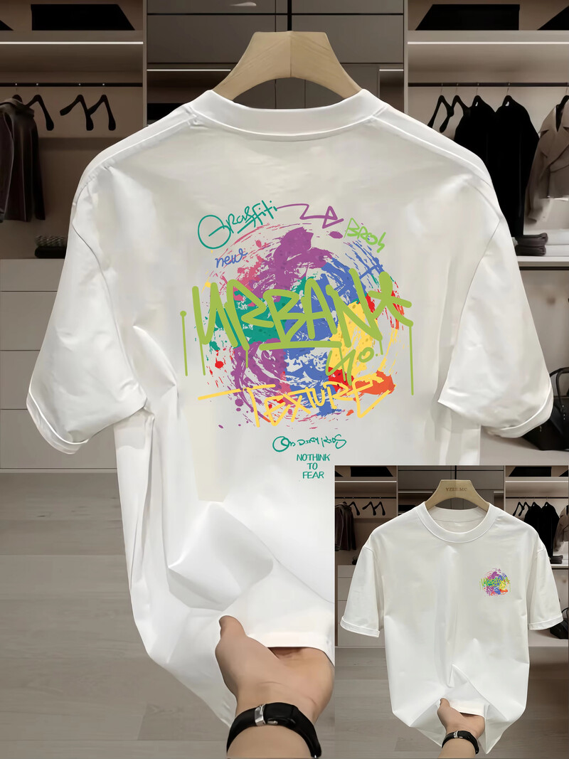 Лятна мода тежка категория Ретро мъжки английски букви Памучни щампи с О-образно деколте Висококачествена ежедневна фитнес тениска Oversize Горнища