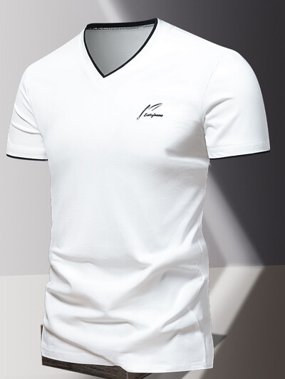 V-kaelusega 2024 puhtast puuvillast lühikeste varrukatega meeste T-särk, meeste spordi- ja vabaaja T-särk, trendikas ja lihtne ühevärviline alussärk