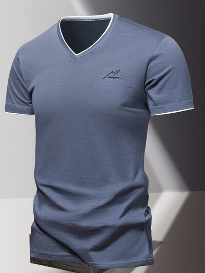 V-kaelusega 2024 puhtast puuvillast lühikeste varrukatega meeste T-särk, meeste spordi- ja vabaaja T-särk, trendikas ja lihtne ühevärviline alussärk