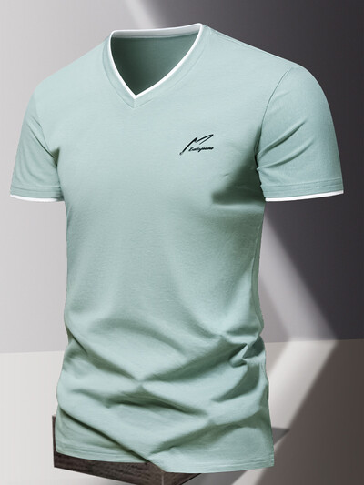 V-kaelusega 2024 puhtast puuvillast lühikeste varrukatega meeste T-särk, meeste spordi- ja vabaaja T-särk, trendikas ja lihtne ühevärviline alussärk