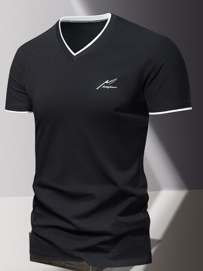V-kaelusega 2024 puhtast puuvillast lühikeste varrukatega meeste T-särk, meeste spordi- ja vabaaja T-särk, trendikas ja lihtne ühevärviline alussärk