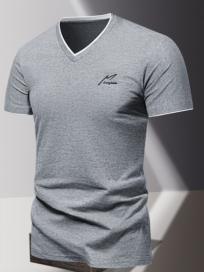 V-kaelusega 2024 puhtast puuvillast lühikeste varrukatega meeste T-särk, meeste spordi- ja vabaaja T-särk, trendikas ja lihtne ühevärviline alussärk