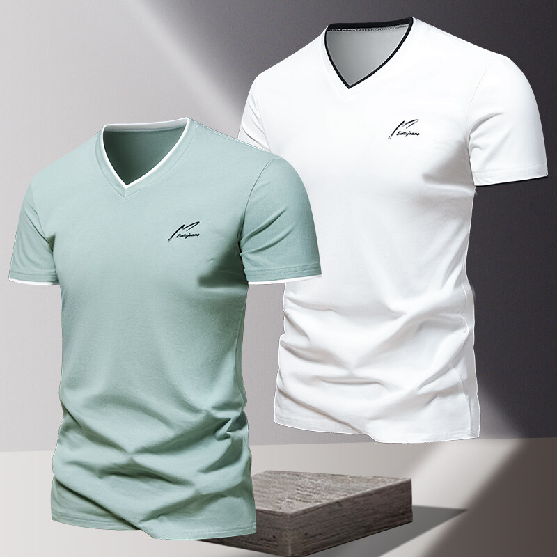 V-kaelusega 2024 puhtast puuvillast lühikeste varrukatega meeste T-särk, meeste spordi- ja vabaaja T-särk, trendikas ja lihtne ühevärviline alussärk
