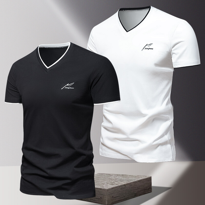 V-kaelusega 2024 puhtast puuvillast lühikeste varrukatega meeste T-särk, meeste spordi- ja vabaaja T-särk, trendikas ja lihtne ühevärviline alussärk