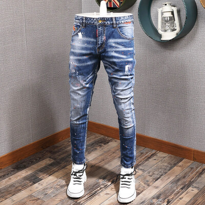 Mood Tänavarõivad Meeste Teksad Retrosinised Elastsed Slim Fit Rebenenud teksad Meeste Maalitud Disainer Elastsed Hip Hop Denim Pliiatspüksid