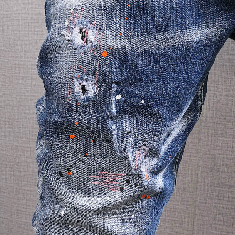 Modes ielu apģērbi vīriešu džinsi Retro zili elastīgi, šauri pieguļoši, saplēsti džinsi vīriešu krāsoti dizaineru elastīgi hiphopa džinsu zīmuļu bikses