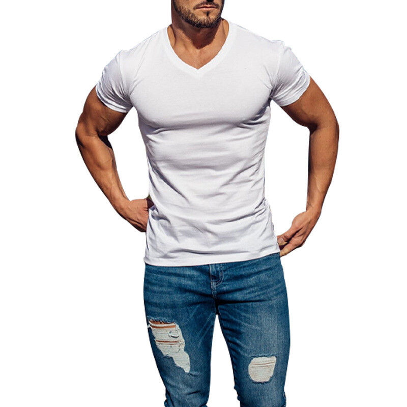 Meeste välitingimustes ühevärviline V-kaelusega T-särk vabaaja kiirelt kuivav hingav higi imav lühikeste varrukatega mitmevärviline top