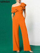 2024. gada VONDA eleganti sieviešu biroja kombinezoni, gari bikses, vasaras ikdienas vienkrāsains, volānveida plecu kombinezons.