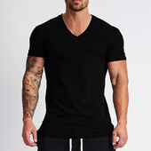 Nova modna majica s V-izrezom, muška pamučna uska majica kratkih rukava, muške majice za vježbanje, ljetna odjeća za vježbanje u bodybuildingu