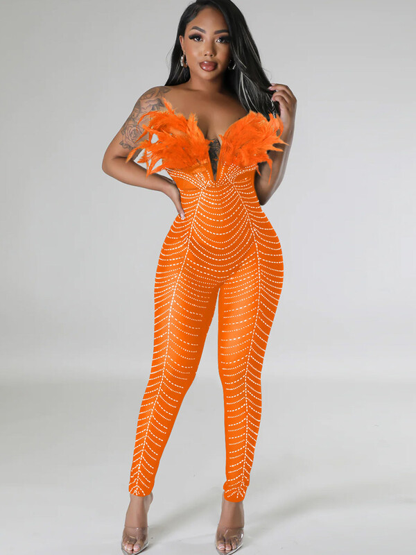 Beyprern Start Your Engines Kombinezon Sjajni spušteni ramena Prozirno mrežasto perje Kristalni noćni kombinezoni Kombinezoni Rođendanska odjeća