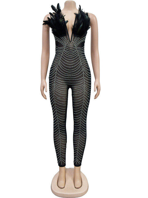 Beyprern Start Your Engines Kombinezon Sjajni spušteni ramena Prozirno mrežasto perje Kristalni noćni kombinezoni Kombinezoni Rođendanska odjeća