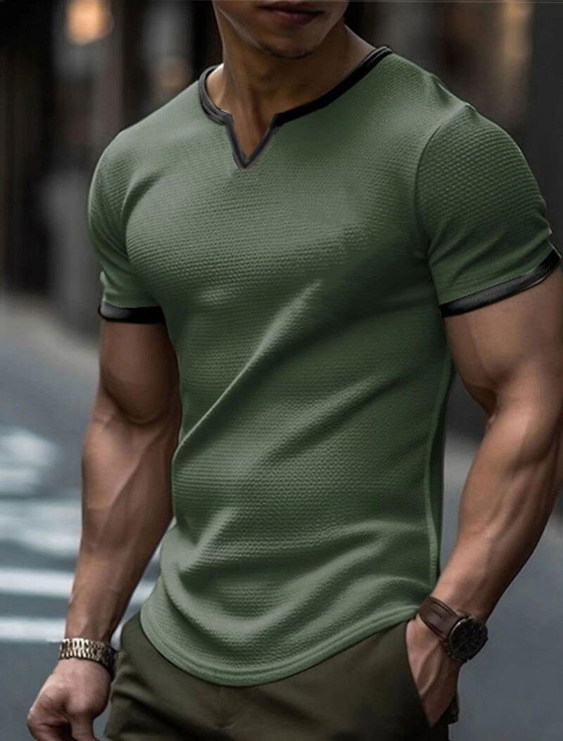 Vīriešu T-krekls ar V kakla izgriezumu, vafeļu vienkrāsains, īsām piedurknēm, brīvs augšpuse Vīriešu vienkrāsains, raibs, ikdienišķs, plāns T-krekls