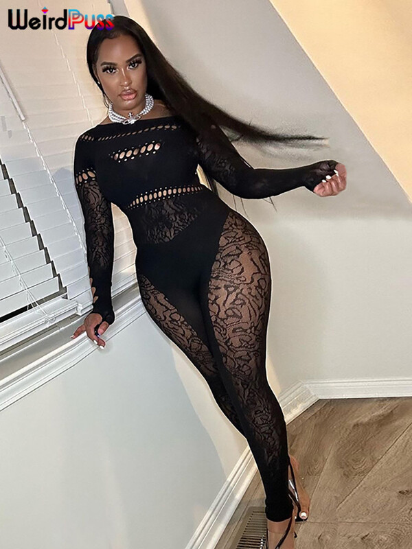 Imelik puss Seksikas õõnes kitsas kombinesoon, naiste ebaregulaarne õlgadest lahtine, kõhn, elastne teemant, pikkade varrukatega seksikas klubirõivaste kombinesoon