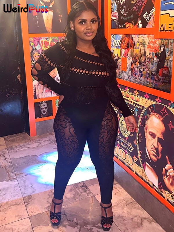 Imelik puss Seksikas õõnes kitsas kombinesoon, naiste ebaregulaarne õlgadest lahtine, kõhn, elastne teemant, pikkade varrukatega seksikas klubirõivaste kombinesoon