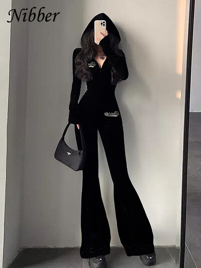 Nibber Rhinestones Patchwork Flared Дамски гащеризон с качулка, цип и дълъг ръкав, тесни, разтегливи, ежедневни, обикновени тенденции, улично облекло