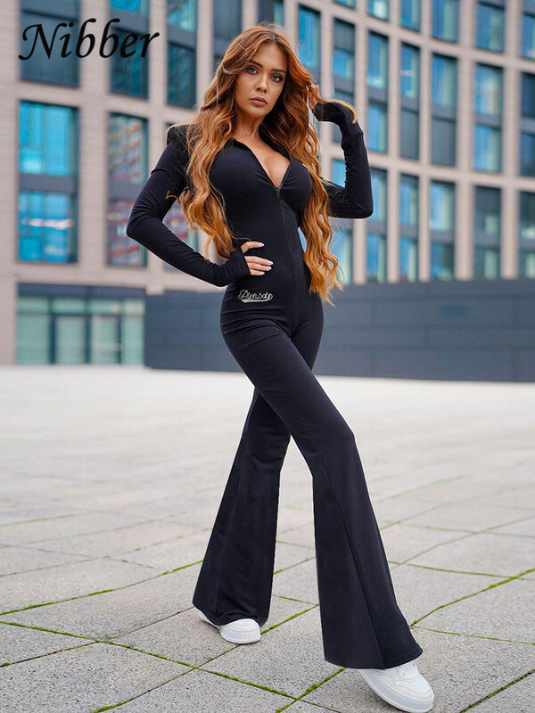 Nibber Rhinestones Patchwork Flared Дамски гащеризон с качулка, цип и дълъг ръкав, тесни, разтегливи, ежедневни, обикновени тенденции, улично облекло