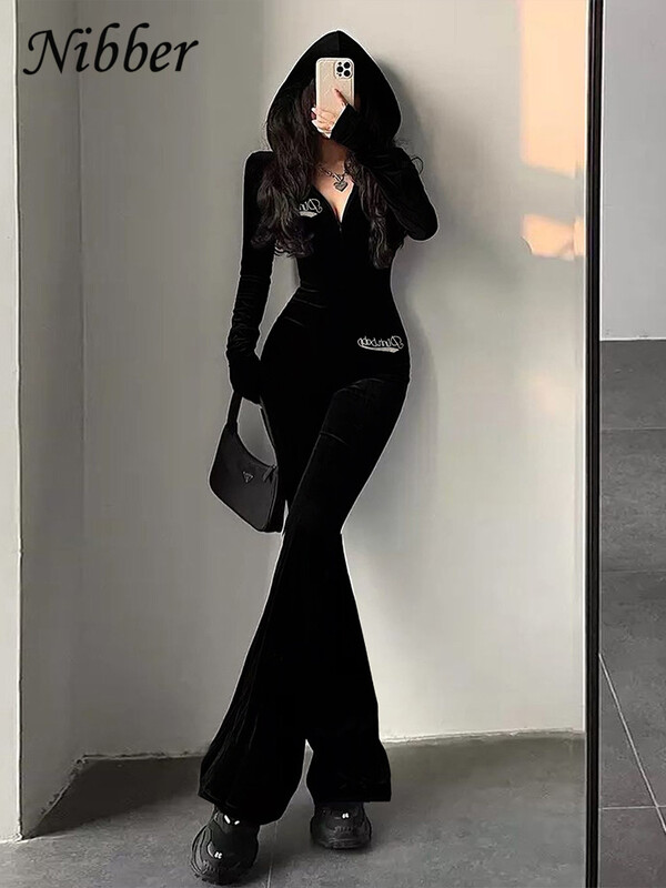 Nibber Rhinestones Patchwork Flared Дамски гащеризон с качулка, цип и дълъг ръкав, тесни, разтегливи, ежедневни, обикновени тенденции, улично облекло