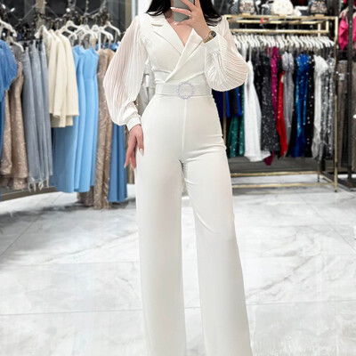 Jesenski jednostavni patchwork jednobojni kombinezoni, modni ženski kombinezoni dugih rukava s V izrezom, široke hlače 2024. Chic ženski bodi