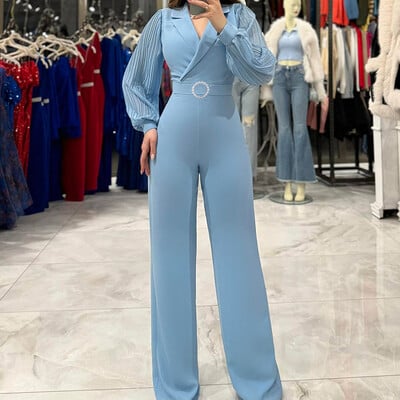 Jesenski jednostavni patchwork jednobojni kombinezoni, modni ženski kombinezoni dugih rukava s V izrezom, široke hlače 2024. Chic ženski bodi