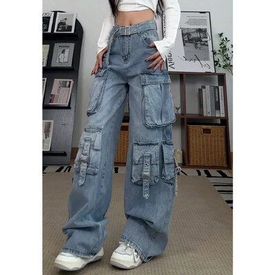Hiphopa ielas stila sieviešu džinsi ar vairākām kabatām brīvi pieguļoši slaidinošs dizains jūtīgums, platas kājas Darba apģērbs Pavasara rudens ierašanās