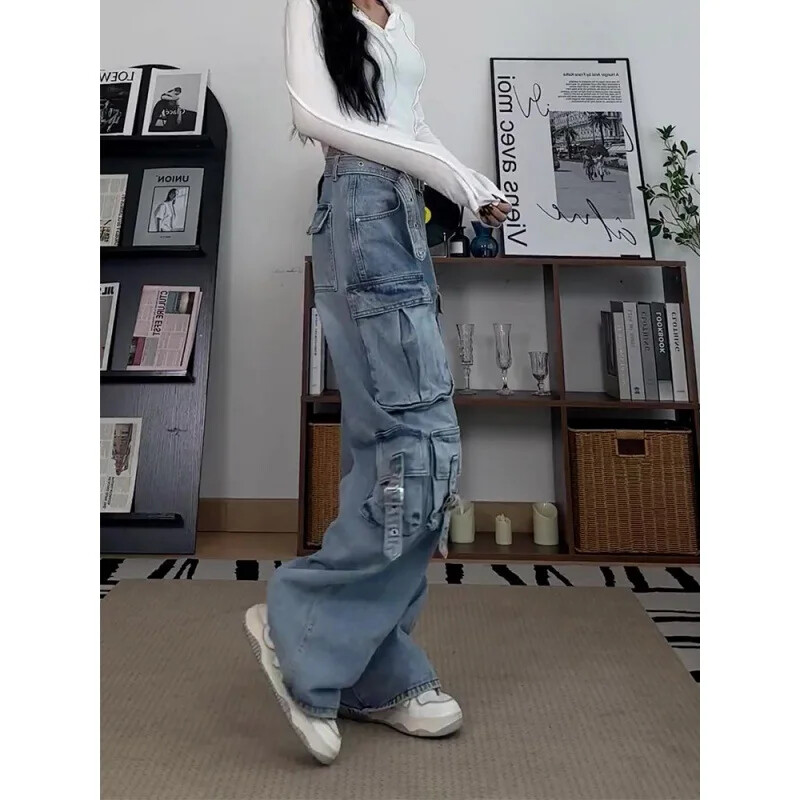 Hiphopa ielas stila sieviešu džinsi ar vairākām kabatām brīvi pieguļoši slaidinošs dizains jūtīgums, platas kājas Darba apģērbs Pavasara rudens ierašanās