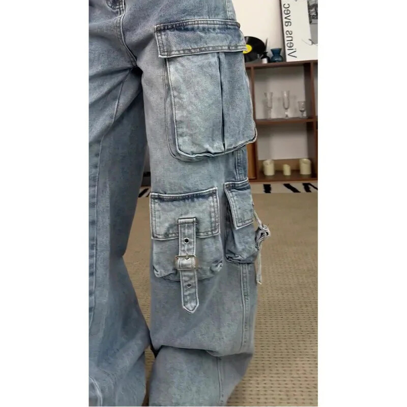 Hiphopa ielas stila sieviešu džinsi ar vairākām kabatām brīvi pieguļoši slaidinošs dizains jūtīgums, platas kājas Darba apģērbs Pavasara rudens ierašanās