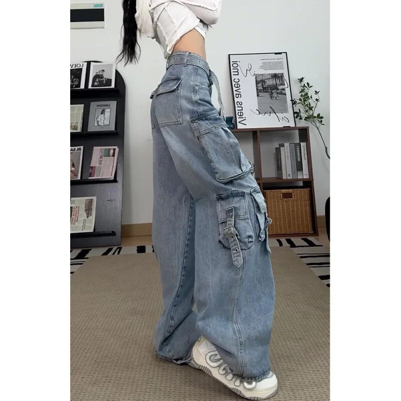 Hiphopa ielas stila sieviešu džinsi ar vairākām kabatām brīvi pieguļoši slaidinošs dizains jūtīgums, platas kājas Darba apģērbs Pavasara rudens ierašanās