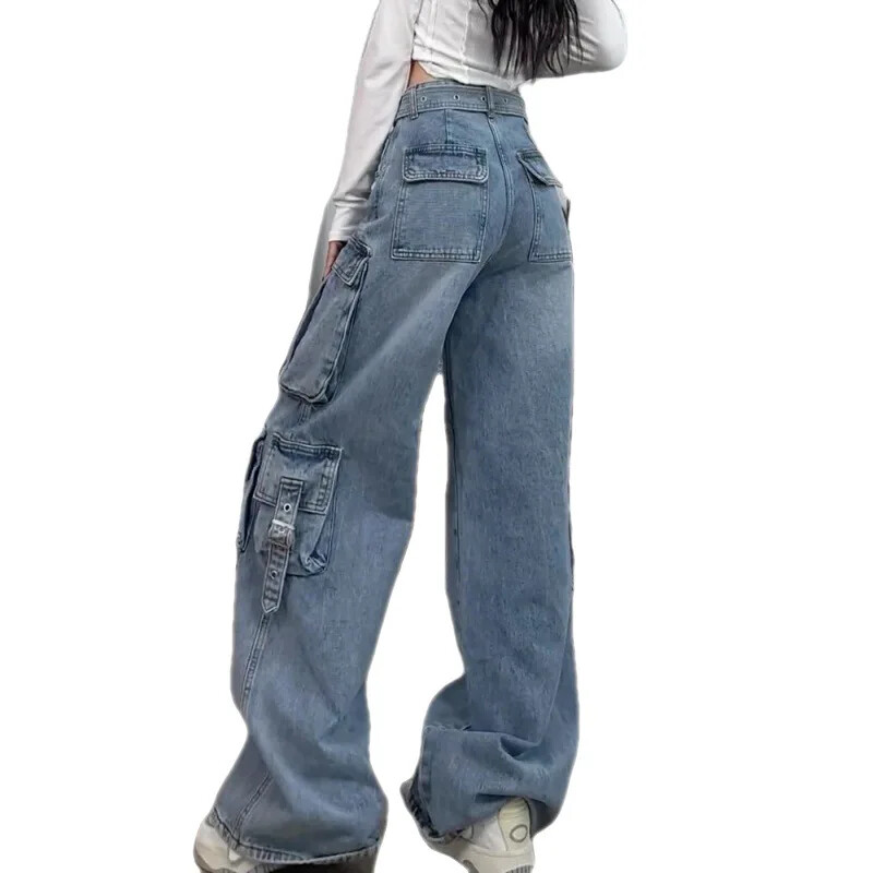 Hiphopa ielas stila sieviešu džinsi ar vairākām kabatām brīvi pieguļoši slaidinošs dizains jūtīgums, platas kājas Darba apģērbs Pavasara rudens ierašanās