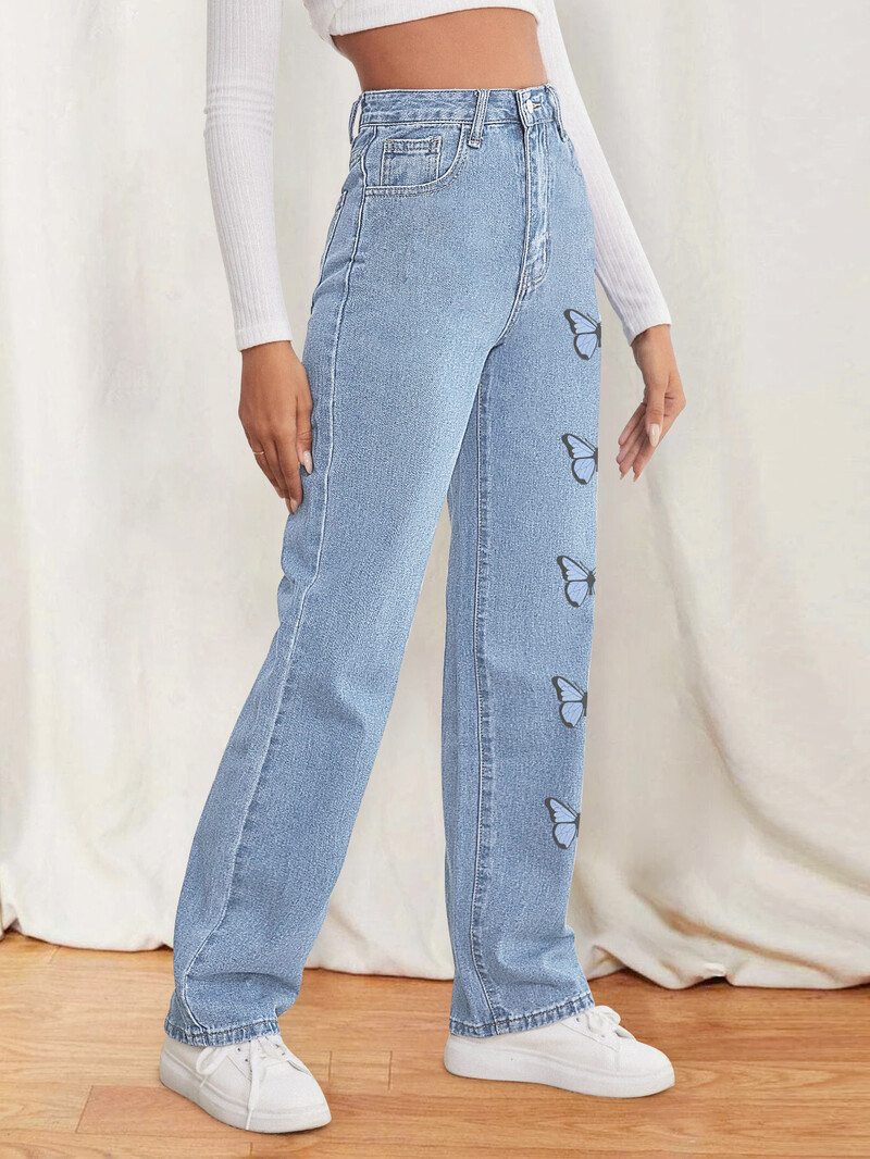 Libliktrükiga naiste teksapüksid sirged püksid