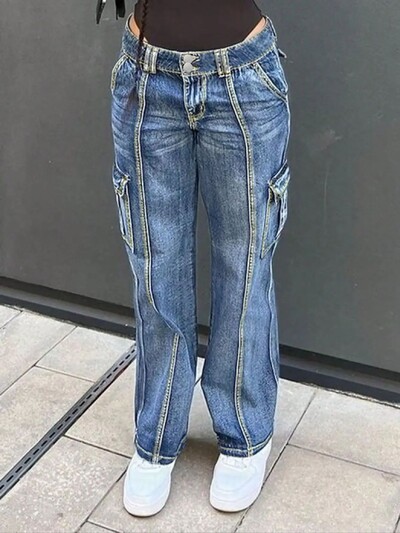 Streetwear sieviešu darba apģērbs, daudzkabatu, šauras, taisnas bikses