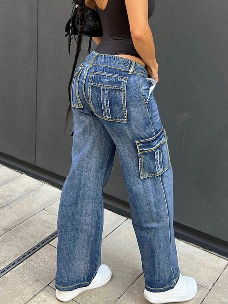 Streetwear sieviešu darba apģērbs, daudzkabatu, šauras, taisnas bikses