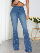 Stilīgas, seksīgas sieviešu bikses ar pērlītēm, inkrustētas šauras bikses ar gurnu paceļamām džinsa biksēm, kas ir apgrieztas