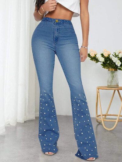 Stilīgas, seksīgas sieviešu bikses ar pērlītēm, inkrustētas šauras bikses ar gurnu paceļamām džinsa biksēm, kas ir apgrieztas