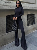 Cutenew Basic Solid sieviešu kombinezoni, klasiski, sportiski rudens, garām piedurknēm ar rāvējslēdzēju ar O veida izgriezumu, izstiepts kombinezons, sieviešu ikdienas uzliesmojums viengabalains