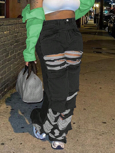 Street-chic ženske uske traperice ravnih nogavica s poderanim kargo džepovima