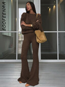 BOOFEENAA sieviešu 2 daļīgs komplekts, apģērbs, mājīgs adīts viena pleca augšdaļa ar garām piedurknēm, bikses ar augstu vidukli, sieviešu ziemas 2024. gada C95-EE50