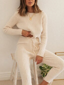 Дамски комплекти панталони от 2 части Ежедневни плетени екипи с дълги ръкави, рипсени плетени горнища и панталони Есенни комплекти дрехи Дамско облекло