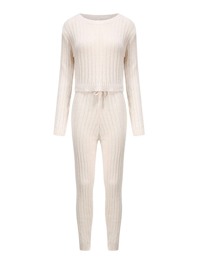 Дамски комплекти панталони от 2 части Ежедневни плетени екипи с дълги ръкави, рипсени плетени горнища и панталони Есенни комплекти дрехи Дамско облекло