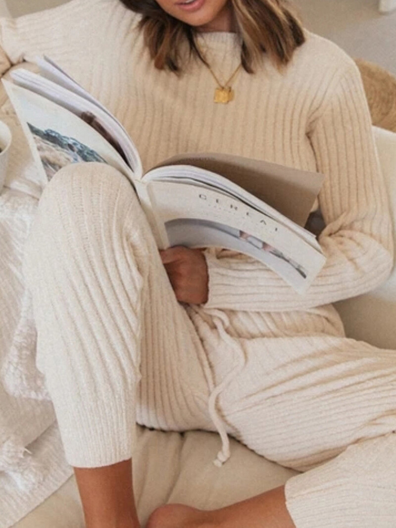 Дамски комплекти панталони от 2 части Ежедневни плетени екипи с дълги ръкави, рипсени плетени горнища и панталони Есенни комплекти дрехи Дамско облекло