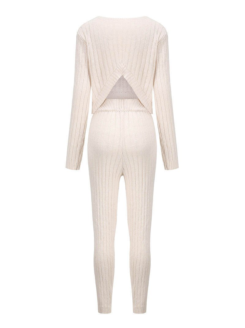 Дамски комплекти панталони от 2 части Ежедневни плетени екипи с дълги ръкави, рипсени плетени горнища и панталони Есенни комплекти дрехи Дамско облекло