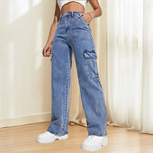 Модерен международен стил Дамски дънкови панталони с прави крачоли Работно облекло с множество джобове Ежедневно облекло Тънък плат