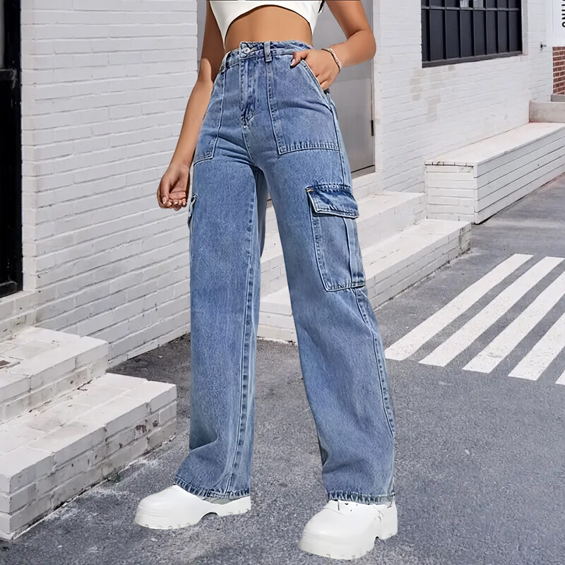 Модерен международен стил Дамски дънкови панталони с прави крачоли Работно облекло с множество джобове Ежедневно облекло Тънък плат