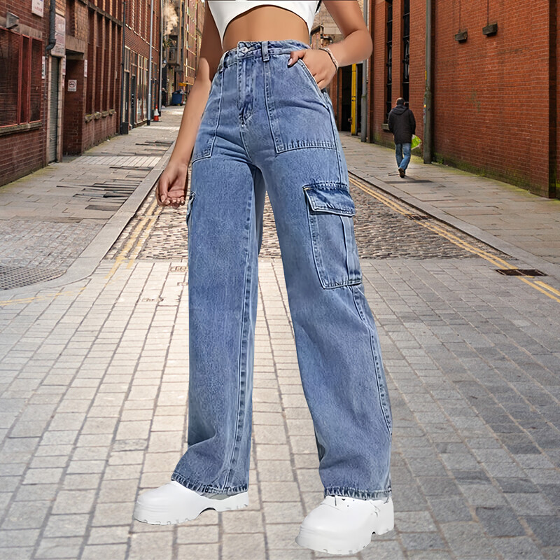 Модерен международен стил Дамски дънкови панталони с прави крачоли Работно облекло с множество джобове Ежедневно облекло Тънък плат