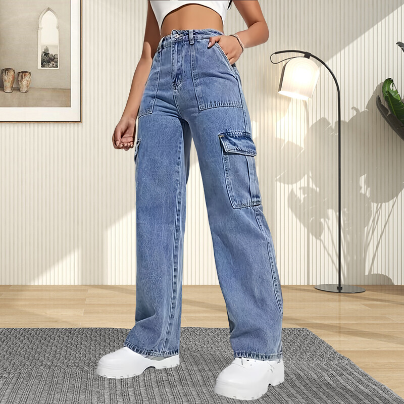 Модерен международен стил Дамски дънкови панталони с прави крачоли Работно облекло с множество джобове Ежедневно облекло Тънък плат